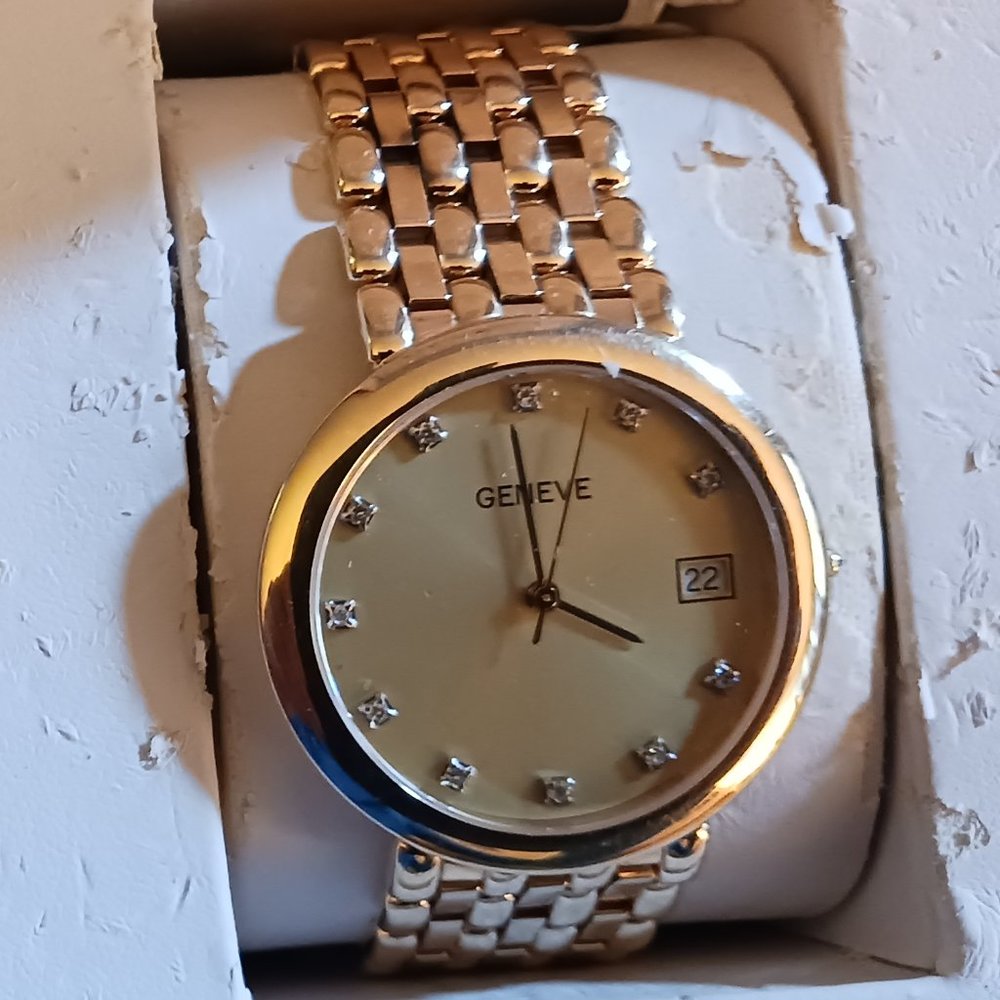 Geneve Men's 35mm 14k Yellow Gold/Diamond Markers Champagne Dial Swiss Watch+Box